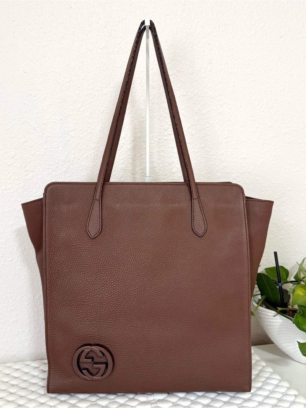 GUCCI GG Large Tote Shoulder Bag Leather Brown